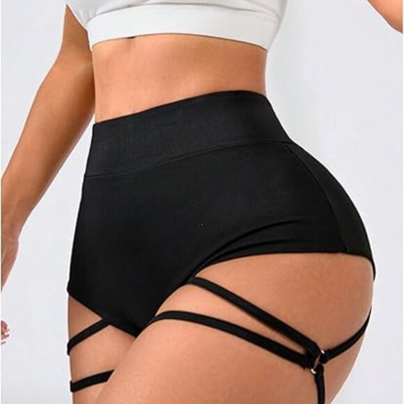 Black Cut Out Biker Shorts | OYOANGLE Goth Punk Ring Linked High Waisted Shorts - Picture 3 of 6